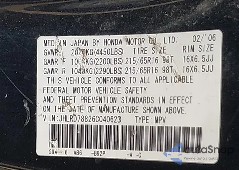 2006 Honda Cr-V Ex from USA, damaged, VIN JHLRD78826C040623